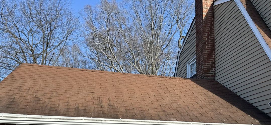 Stained, worn brown shingles on a garage roof in Feasterville before replacement