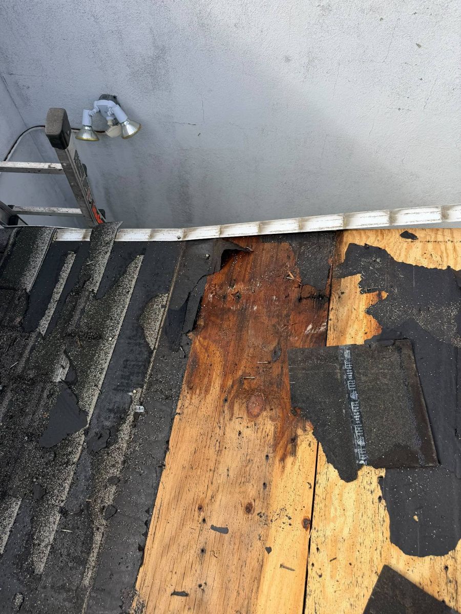 Water-damaged roof decking uncovered under the old shingles in Horsham, PA
