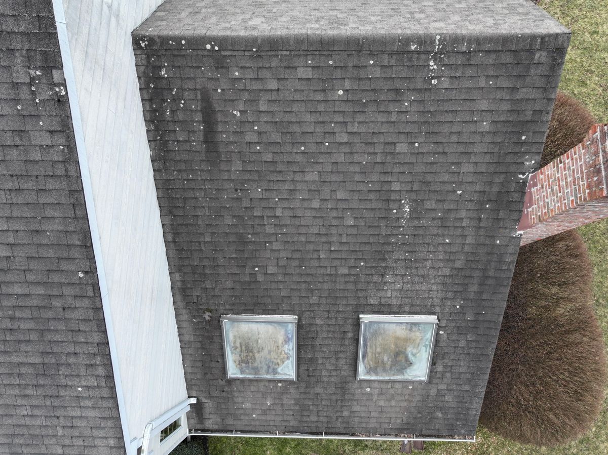 Streaked, stained asphalt shingles and two old skylights on a New Hope roof