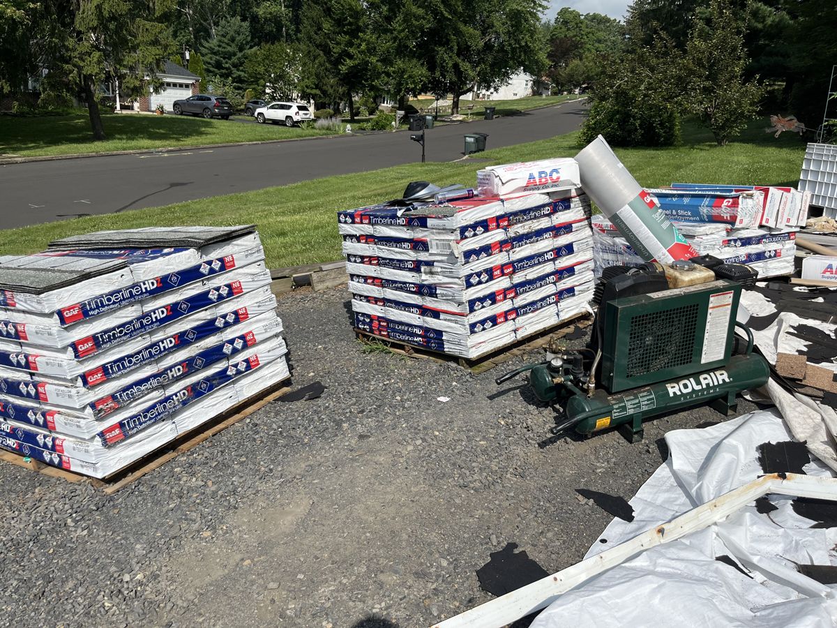 Pallets of GAF Timberline HDZ shingles delivered to a job in Churchville, PA