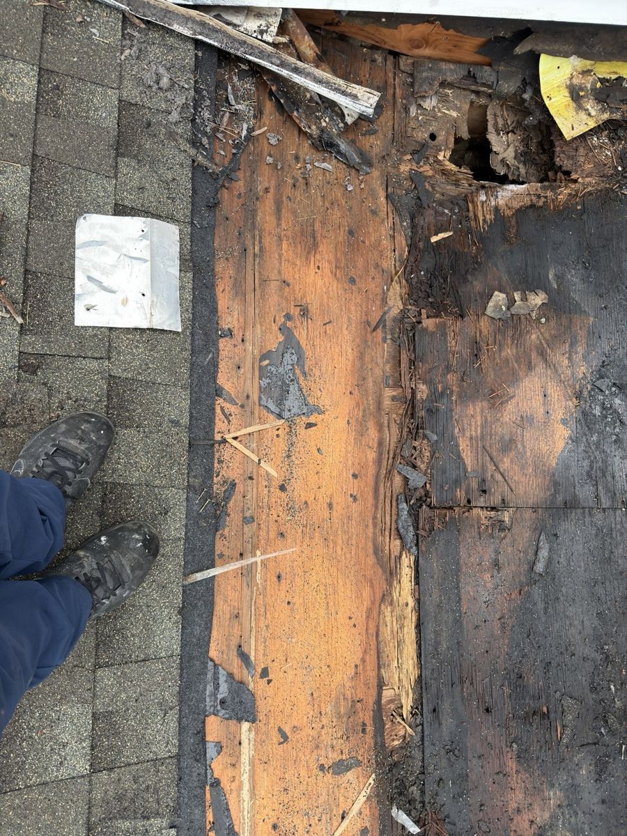 Rotted roof decking uncovered on a low-slope roof in Holland, PA
