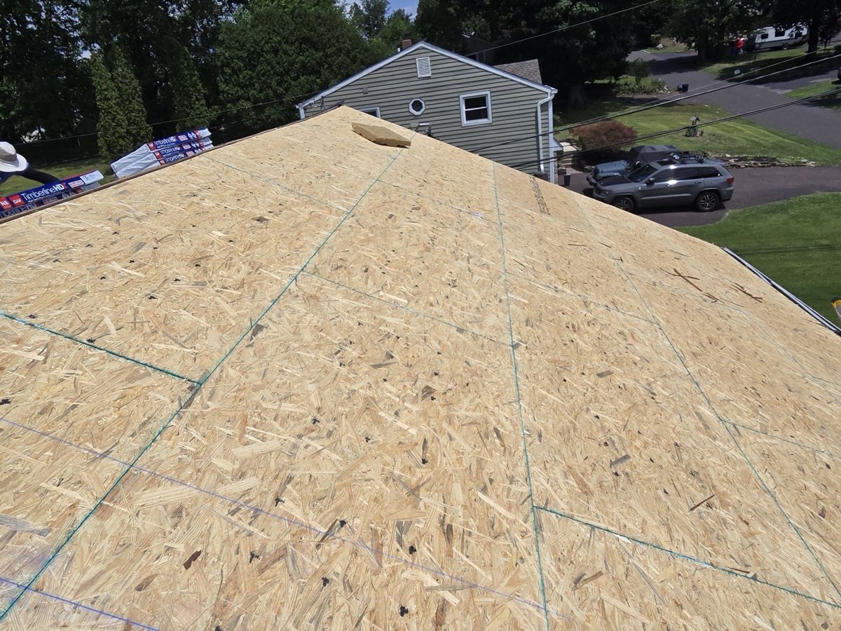 New plywood roof decking installed on a Warminster home