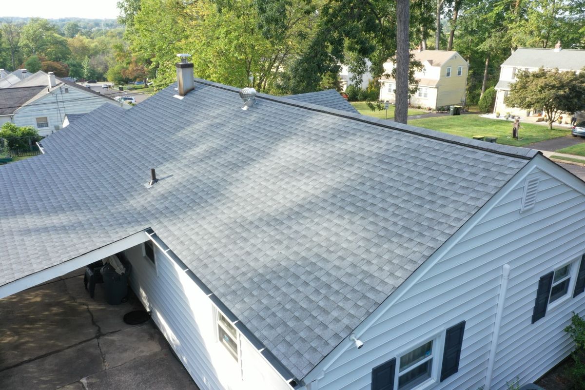 New gray shingle roof on a ranch home in Willow Grove, PA, seen from above